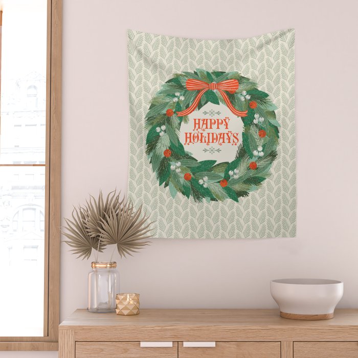 Happy Holidays Christmas Wreath Wall Tapestry Gallery Image 2