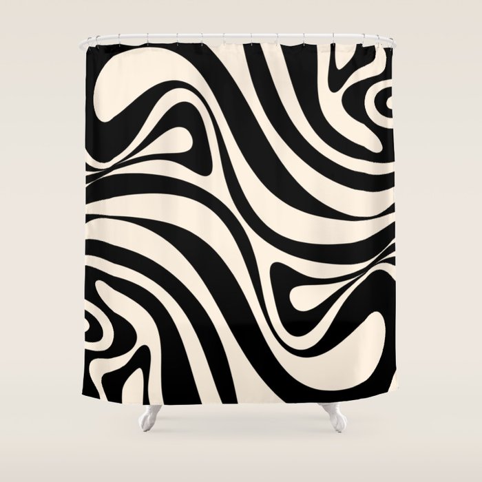 New Groove Retro Swirl Abstract in Black and Almond Cream Shower Curtain Gallery Image 1