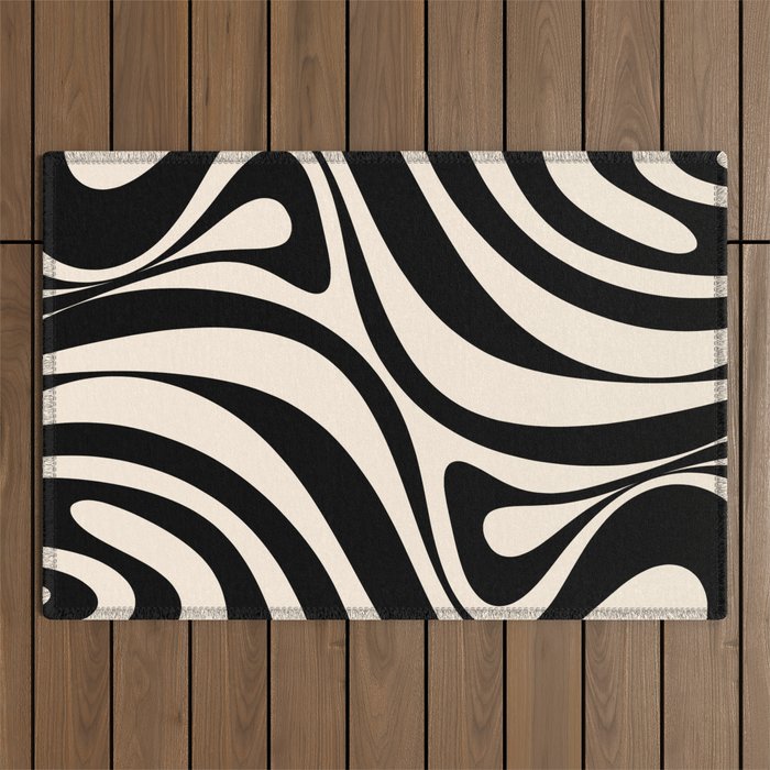 New Groove Retro Swirl Abstract in Black and Almond Cream Outdoor Rug Gallery Image 1