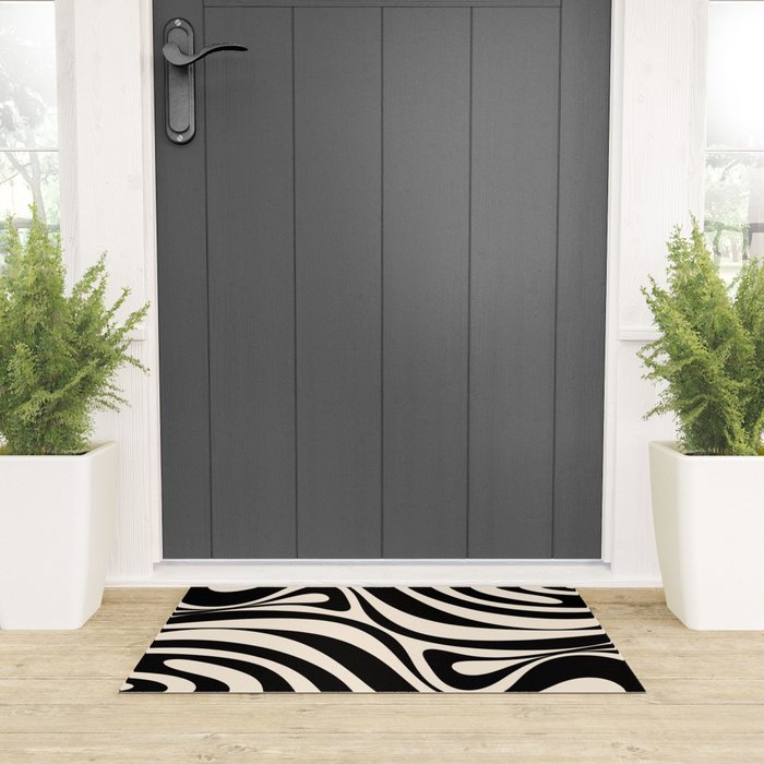 New Groove Retro Swirl Abstract in Black and Almond Cream Welcome Mat Gallery Image 3