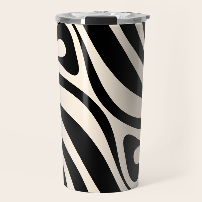 New Groove Retro Swirl Abstract in Black and Almond Cream Travel Mug Gallery Image 1