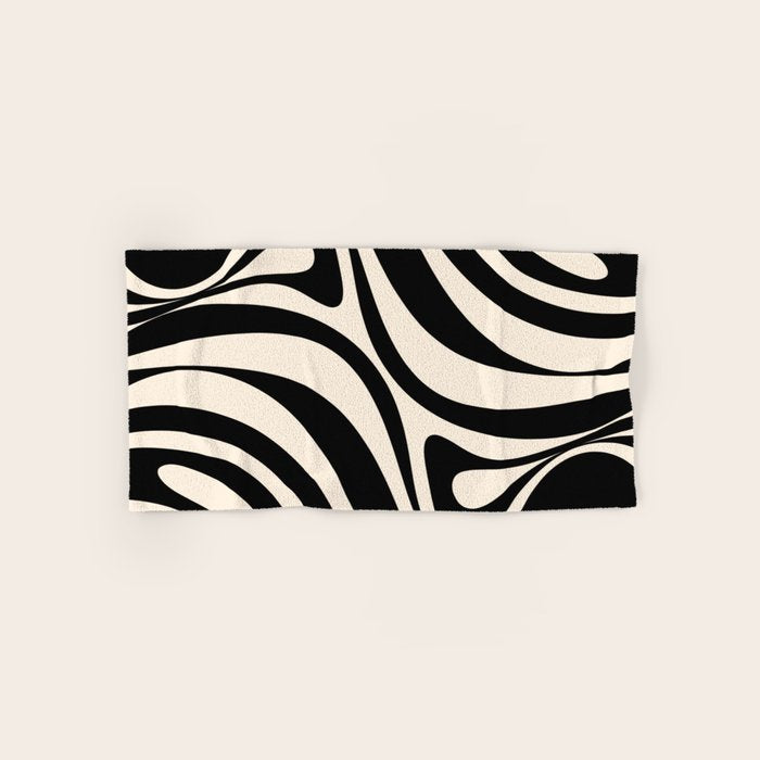New Groove Retro Swirl Abstract in Black and Almond Cream Bath Towel Gallery Image 1