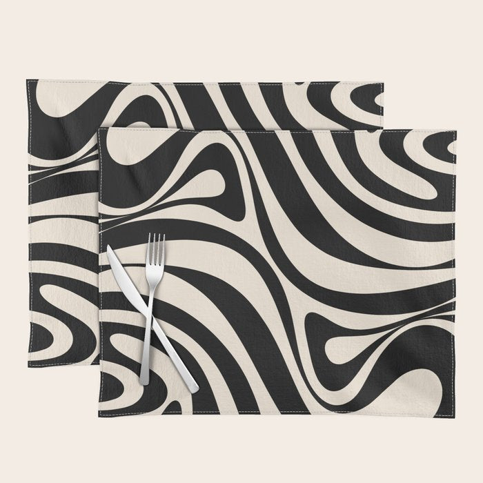 New Groove Retro Swirl Abstract in Black and Almond Cream Placemat Gallery Image 1