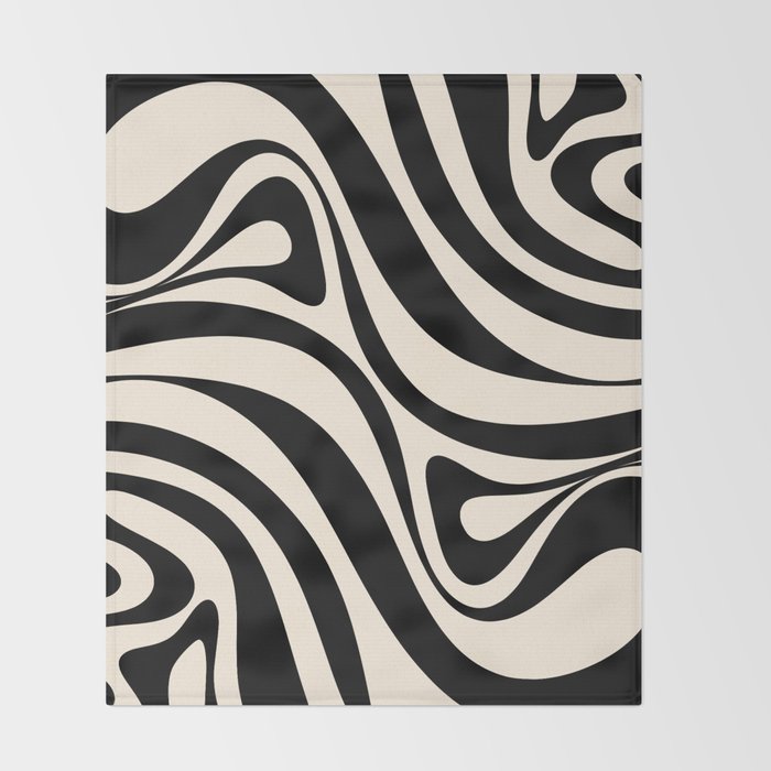New Groove Retro Swirl Abstract in Black and Almond Cream Throw Blanket Gallery Image 2