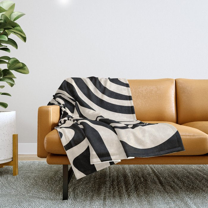 New Groove Retro Swirl Abstract in Black and Almond Cream Throw Blanket Gallery Image 1
