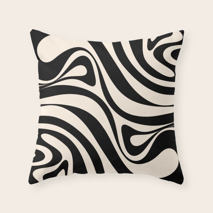 New Groove Retro Swirl Abstract in Black and Almond Cream Throw Pillow Gallery Image 1