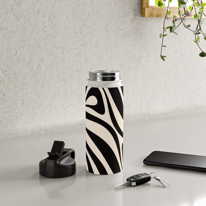 New Groove Retro Swirl Abstract in Black and Almond Cream Water Bottle Gallery Image 4