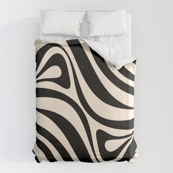 New Groove Retro Swirl Abstract in Black and Almond Cream Duvet Cover Gallery Image 6