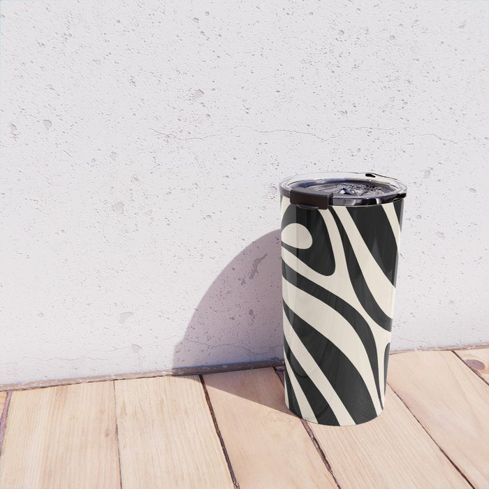 New Groove Retro Swirl Abstract in Black and Almond Cream Travel Mug Gallery Image 4