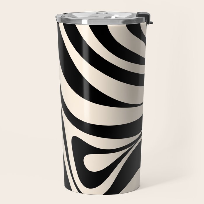 New Groove Retro Swirl Abstract in Black and Almond Cream Travel Mug Gallery Image 2