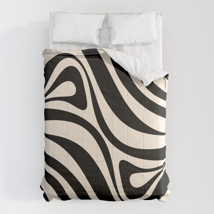 New Groove Retro Swirl Abstract in Black and Almond Cream Comforter Gallery Image 1