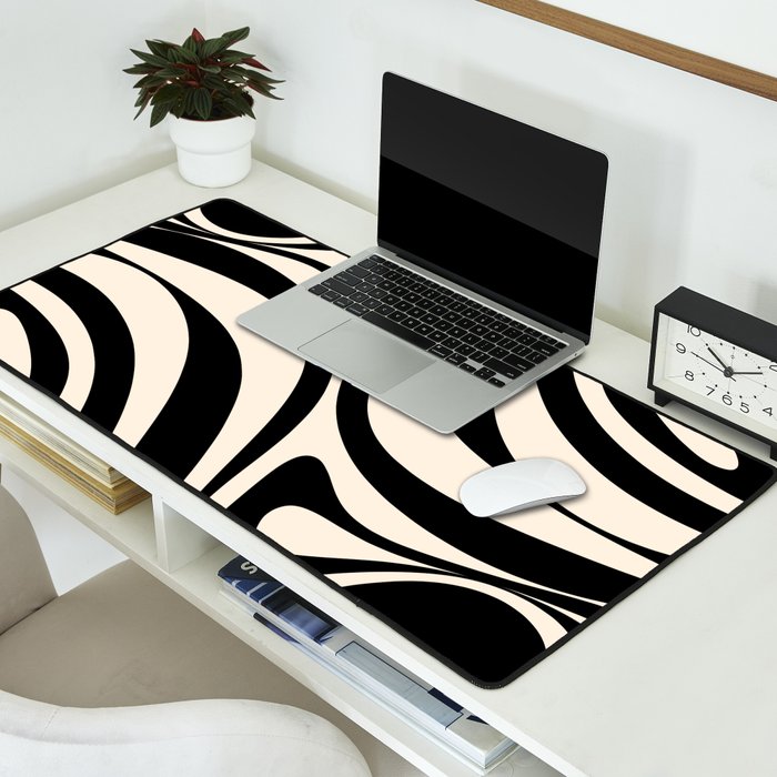 New Groove Retro Swirl Abstract in Black and Almond Cream Desk Mat Gallery Image 2