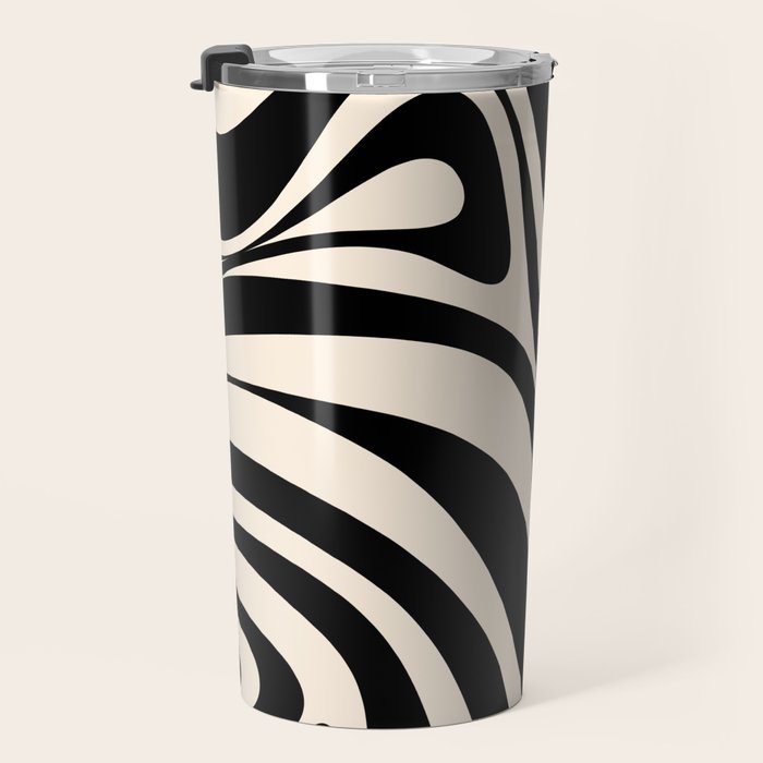 New Groove Retro Swirl Abstract in Black and Almond Cream Travel Mug Gallery Image 3
