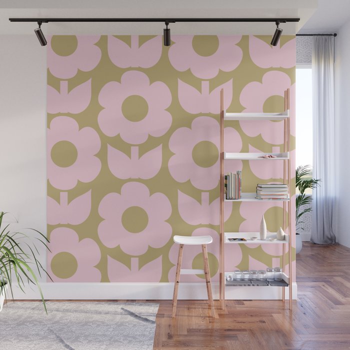 Pale Pink Jonnty Flowers Retro Minimal Floral Pattern Wall Mural Gallery Image 1