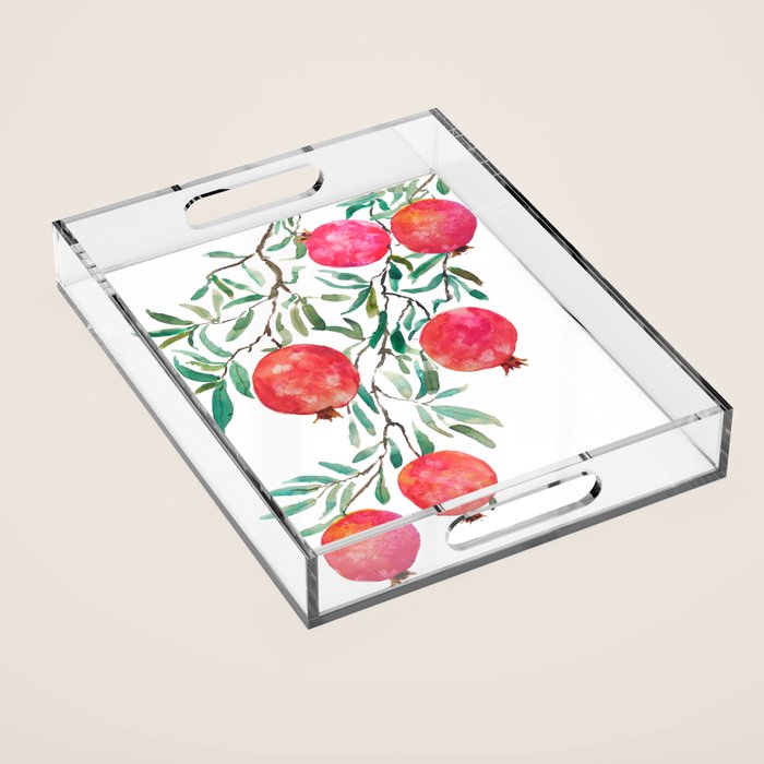 red pomegranate watercolor Acrylic Tray Gallery Image 1