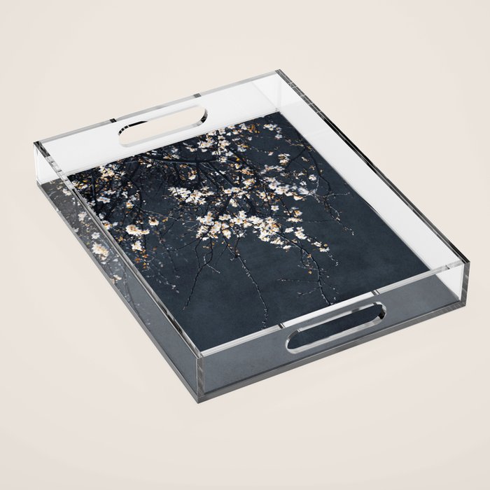 White Blossom Flowers on Blue Texture - Tree - Elegant Floral - Nature photography Acrylic Tray Gallery Image 1