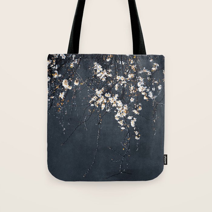 White Blossom Flowers on Blue Texture - Tree - Elegant Floral - Nature photography Tote Bag Gallery Image 1