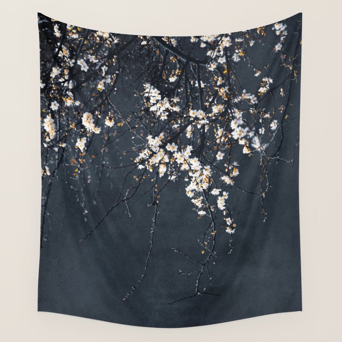 White Blossom Flowers on Blue Texture - Tree - Elegant Floral - Nature photography Wall Tapestry Gallery Image 4
