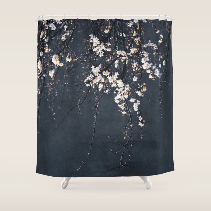 White Blossom Flowers on Blue Texture - Tree - Elegant Floral - Nature photography Shower Curtain Gallery Image 1