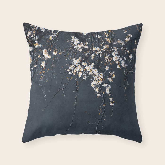 White Blossom Flowers on Blue Texture - Tree - Elegant Floral - Nature photography Throw Pillow Gallery Image 6
