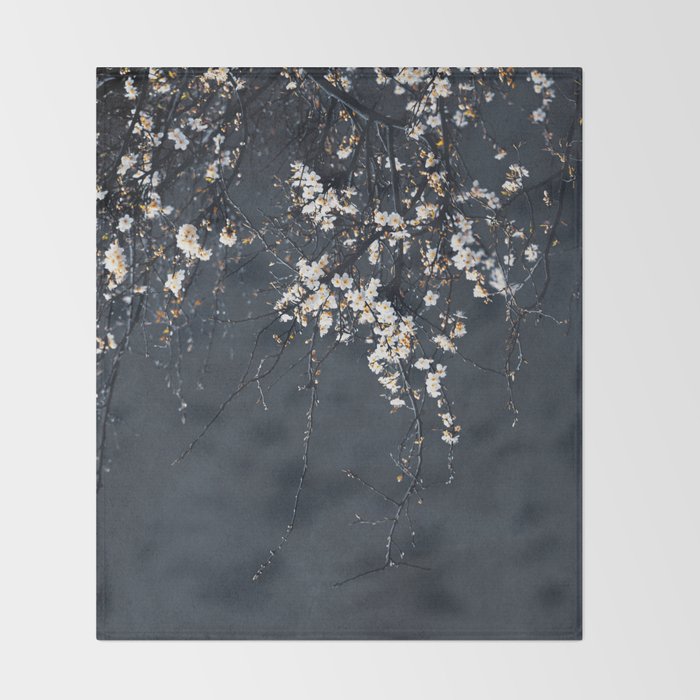 White Blossom Flowers on Blue Texture - Tree - Elegant Floral - Nature photography Throw Blanket Gallery Image 2