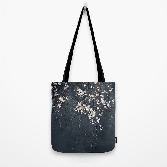 White Blossom Flowers on Blue Texture - Tree - Elegant Floral - Nature photography Tote Bag Gallery Image 2