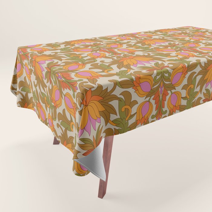 Orange, Pink Flowers and Green Leaves 1960s Retro Vintage Pattern Tablecloth Gallery Image 1