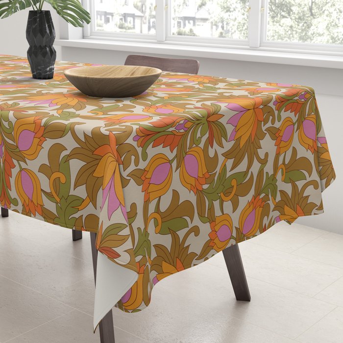 Orange, Pink Flowers and Green Leaves 1960s Retro Vintage Pattern Tablecloth Gallery Image 3