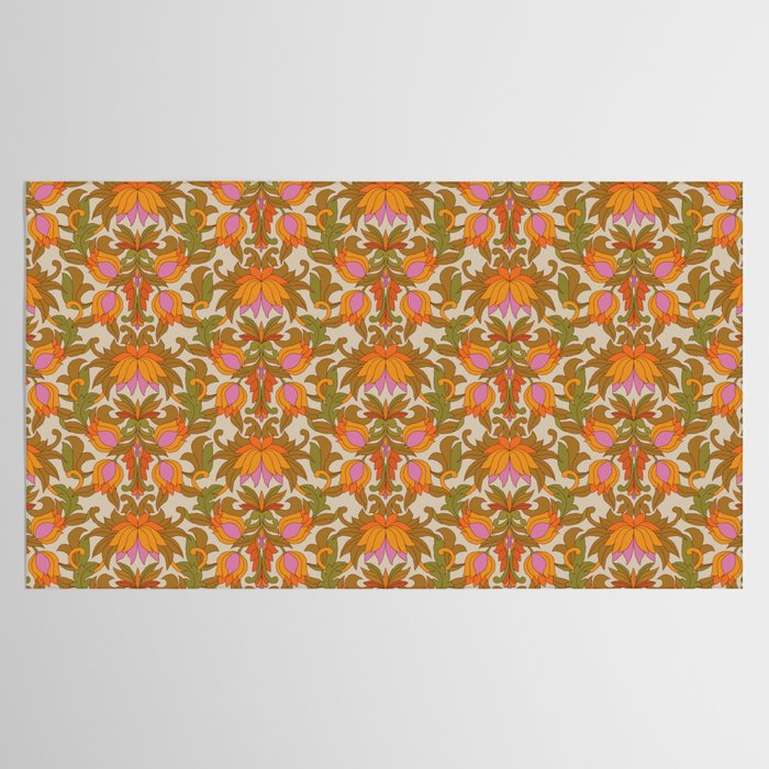 Orange, Pink Flowers and Green Leaves 1960s Retro Vintage Pattern Tablecloth Gallery Image 2