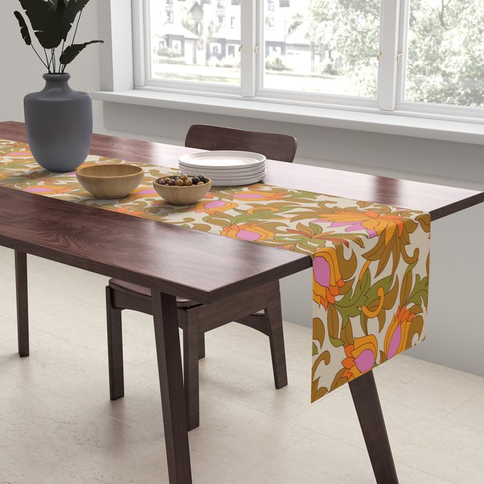 Orange, Pink Flowers and Green Leaves 1960s Retro Vintage Pattern Table Runner Gallery Image 2