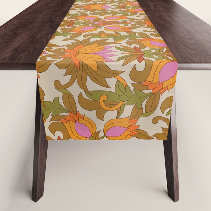 Orange, Pink Flowers and Green Leaves 1960s Retro Vintage Pattern Table Runner Gallery Image 1