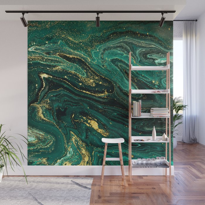 Abstract Pour Painting Liquid Marble Dark Green Teal Painting Gold Accent Wall Mural Gallery Image 1