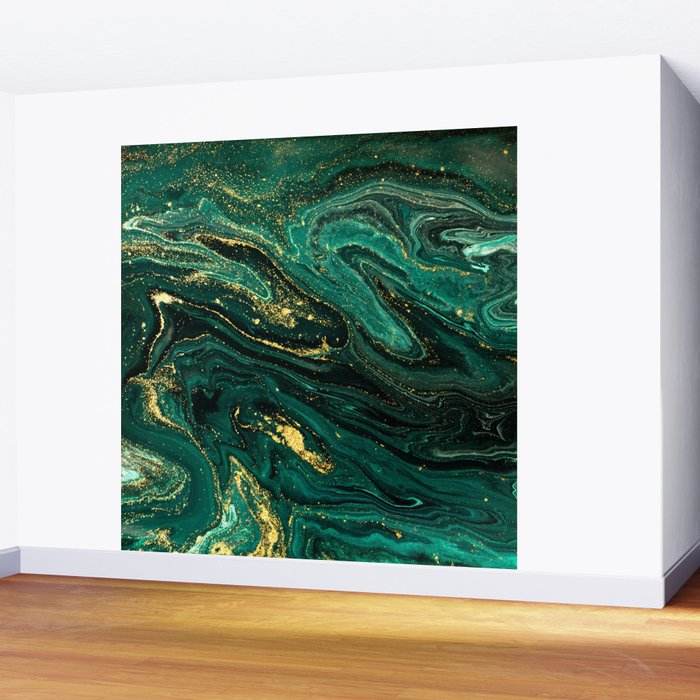 Abstract Pour Painting Liquid Marble Dark Green Teal Painting Gold Accent Wall Mural Gallery Image 2