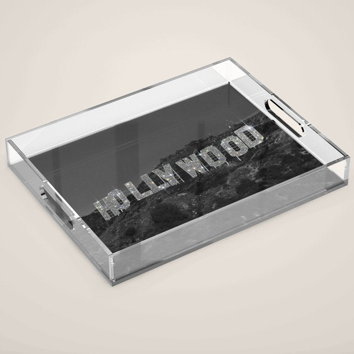 HOLLYWOOD SIGN | digital collage artwork | glitter shine | sparkle art | California | Los Angeles  Acrylic Tray Gallery Image 1