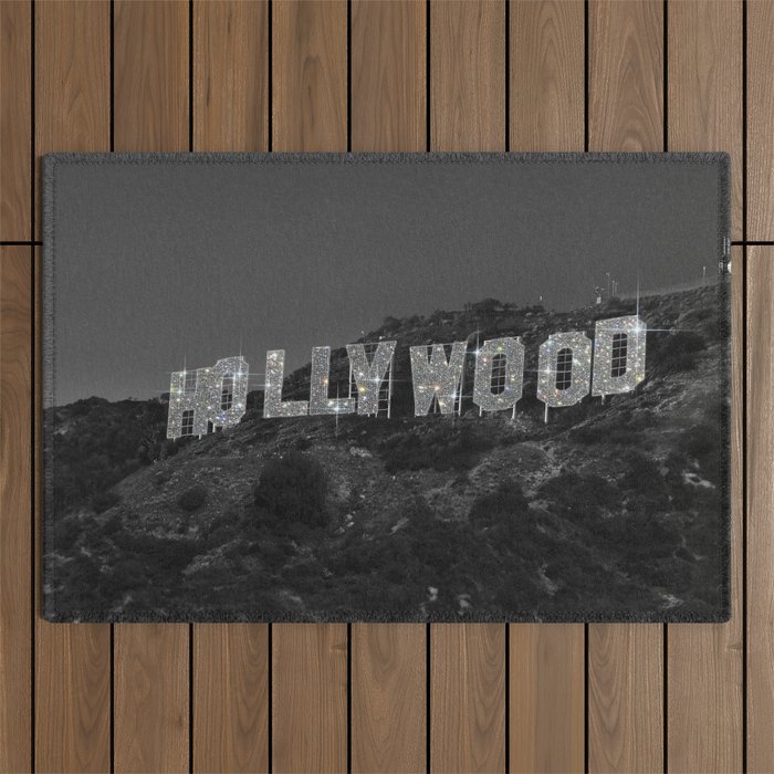 HOLLYWOOD SIGN | digital collage artwork | glitter shine | sparkle art | California | Los Angeles  Outdoor Rug Gallery Image 1