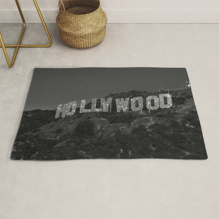 HOLLYWOOD SIGN | digital collage artwork | glitter shine | sparkle art | California | Los Angeles  Rug Gallery Image 1
