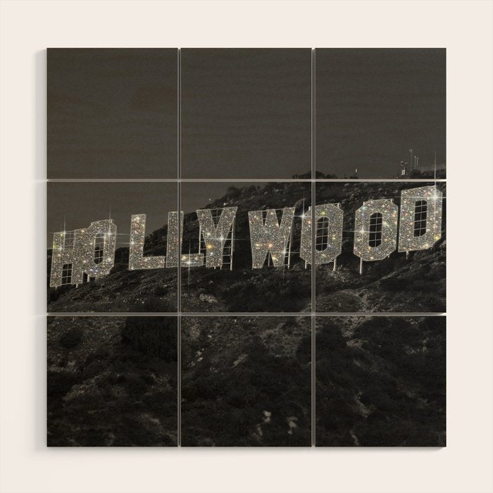 HOLLYWOOD SIGN | digital collage artwork | glitter shine | sparkle art | California | Los Angeles  Wood Wall Art Gallery Image 1
