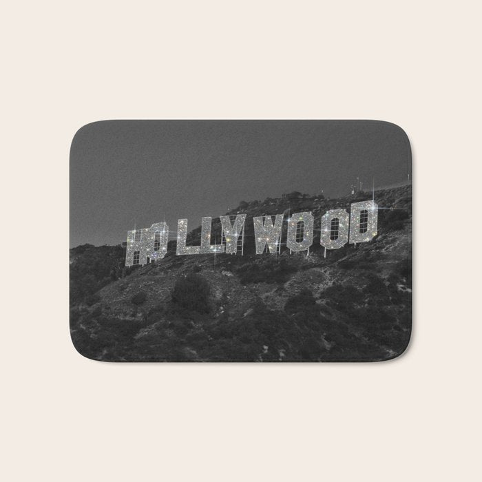 HOLLYWOOD SIGN | digital collage artwork | glitter shine | sparkle art | California | Los Angeles  Bath Mat Gallery Image 1