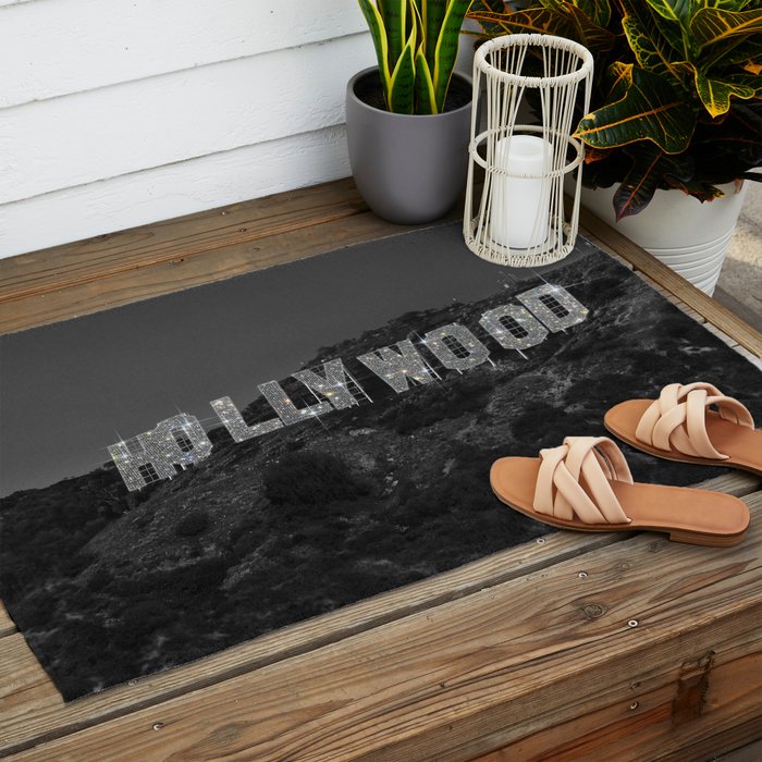 HOLLYWOOD SIGN | digital collage artwork | glitter shine | sparkle art | California | Los Angeles  Outdoor Rug Gallery Image 2