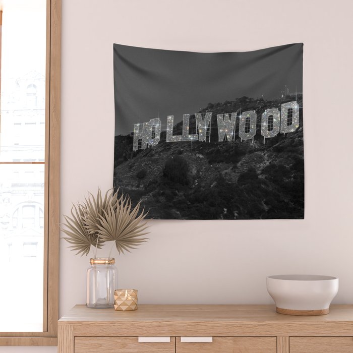 HOLLYWOOD SIGN | digital collage artwork | glitter shine | sparkle art | California | Los Angeles  Wall Tapestry Gallery Image 2