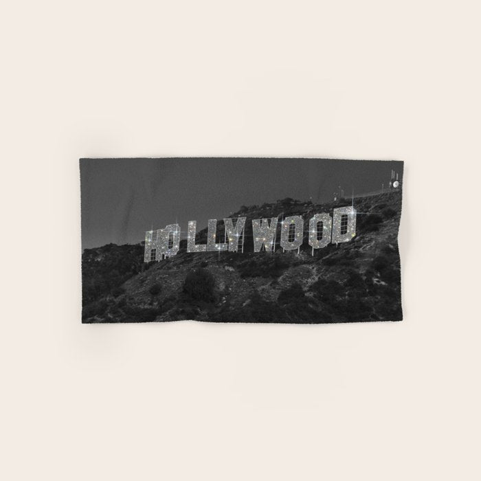 HOLLYWOOD SIGN | digital collage artwork | glitter shine | sparkle art | California | Los Angeles  Bath Towel Gallery Image 1