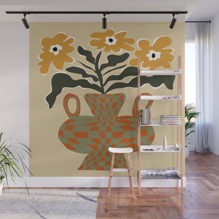 vintage flower vase with check  Wall Mural Gallery Image 1