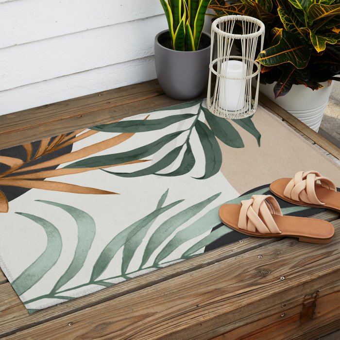 Minimal Abstract Art Tropical Leaves 16 Outdoor Rug Gallery Image 2