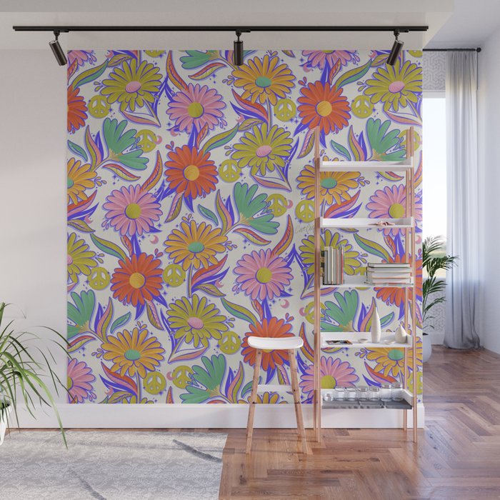Drippy Daisy Dreamscape - Rainbow & Indigo on White Wall Mural Gallery Image 1