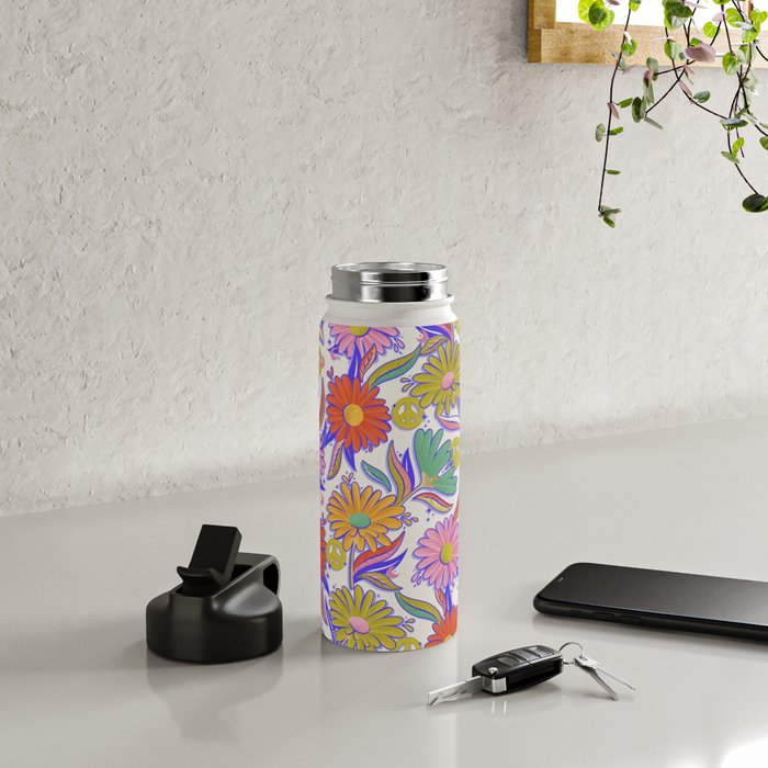 Drippy Daisy Dreamscape - Rainbow & Indigo on White Water Bottle Gallery Image 4