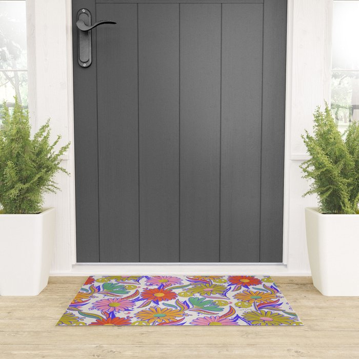 Drippy Daisy Dreamscape - Rainbow & Indigo on White Welcome Mat Gallery Image 3