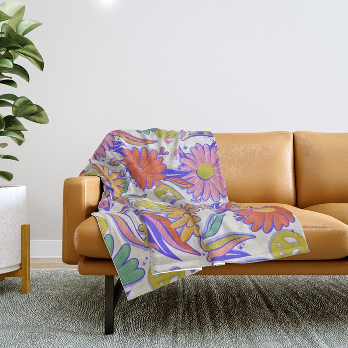 Drippy Daisy Dreamscape - Rainbow & Indigo on White Throw Blanket Gallery Image 1