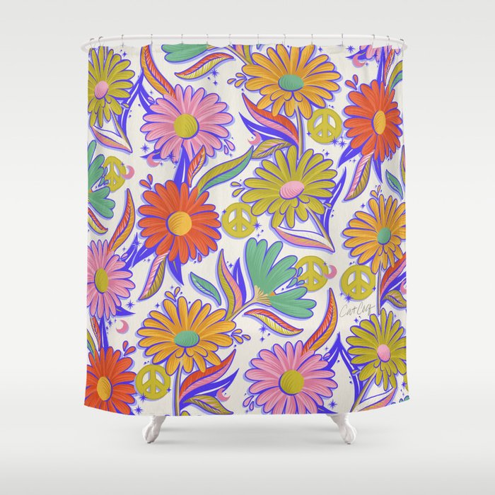 Drippy Daisy Dreamscape - Rainbow & Indigo on White Shower Curtain Gallery Image 1