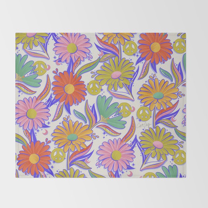 Drippy Daisy Dreamscape - Rainbow & Indigo on White Throw Blanket Gallery Image 2