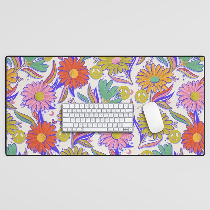 Drippy Daisy Dreamscape - Rainbow & Indigo on White Desk Mat Gallery Image 1